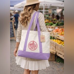 Trader Joe's Cream Canvas Tote with Lavender Accents